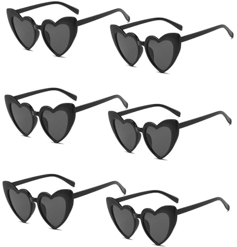 FUIPVGI Lot de 6 lunettes de soleil en forme de cœur noir vintage pour femme, lunettes d'amour, lunettes tendance œil de chat rétro pour filles, femmes, shopping, voyage, fête d'été, Noir