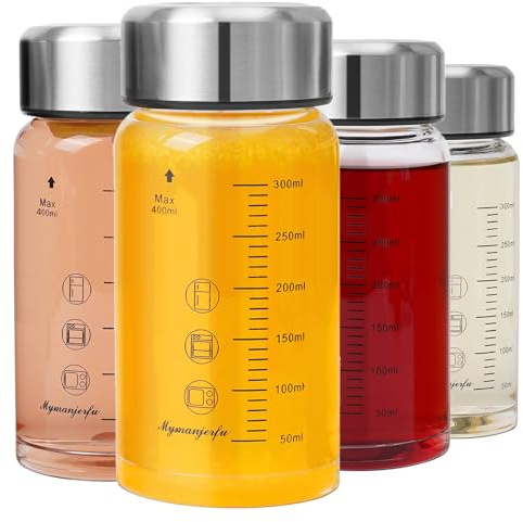 Glass Juice Bottles 4 Pack 12 oz - Wide Mouth Glass Water Bottles with Lids - for Juicing, Smoothies, Milk, Protein, BPA Free, Reusable, Stainless Steel Lids, Leak Proof, Shaker bottle (400 ml)