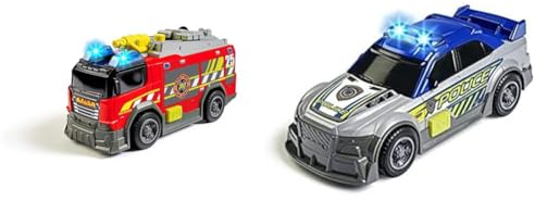 Dickie Toys – Feuerwehrauto – mit echter Wasserspritze, Sirene und Licht, Freilauf, 15 cm lang, Spielzeugauto für Kinder ab 3 Jahren & Police Car