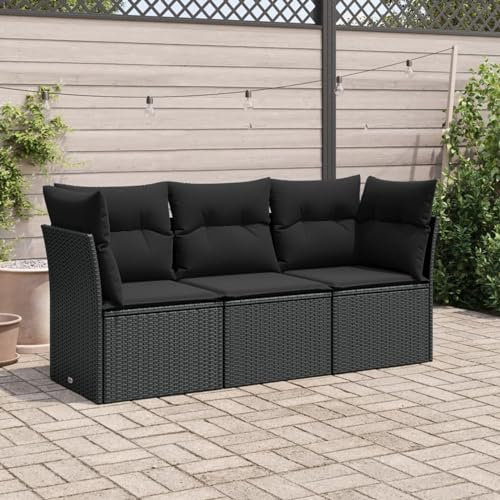 Homgoday 3-teiliges Gartensofa-Set mit Kissen aus schwarzem Polyrattan, Gartensofa für den Außenbereich, Loungeset für den Garten, Gartensofa für den Außenbereich, cc