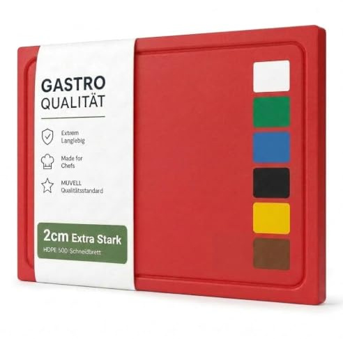 Muvell stabiles Schneidebrett Kunststoff | Rot, 45x30x2 cm | Spülmaschinenfest, EXTRA dick, messerschonend | Farben & Größen auswählbar | HACCP rohes Fleisch Küchenbrett | Schneidbrett mit Saftrille