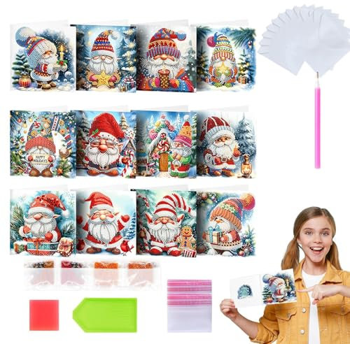 FANGZ Strassmalerei-Weihnachtskarten,Edelsteinmalerei-Weihnachtskarten | 12 Stück Weihnachtsmann-Grußkarten mit Umschlägen,5D-Kunst-Weihnachtskarten, Grußkarten für Erwachsene basteln