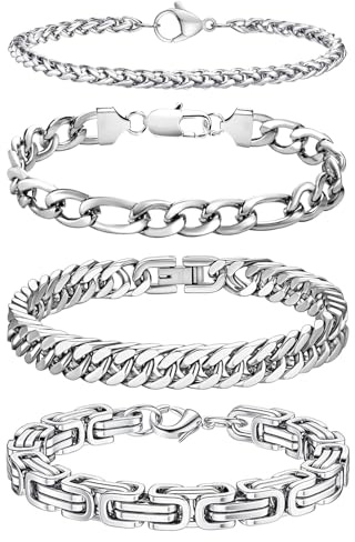 LOCCY 4 Piezas pulseras de plata para hombre, cadena de eslabones cubanos de acero inoxidable, pulsera bizantina Figaro para hombres, niños, cumpleaños, día de San Valentín, Navidad (Plata-4/6mm, 19)