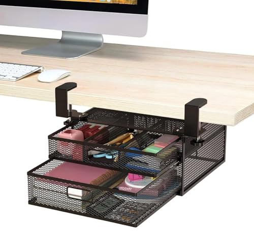 Felenny Under Desk with Drawer, 2 Tiers Clamp On Under Desk Drawers