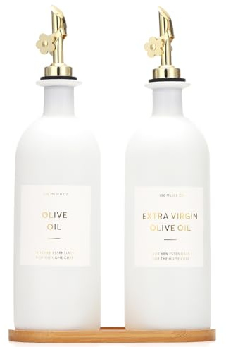 HOMCDALY Olive Oil Dispenser for Kitchen, 16oz Glass Oil Bottles with Bamboo Tray, Gold Oil&Vinegar Cruet Set, Kitchen Dispenser Bottles with Pourer | Set of 2 (16oz – Gold)