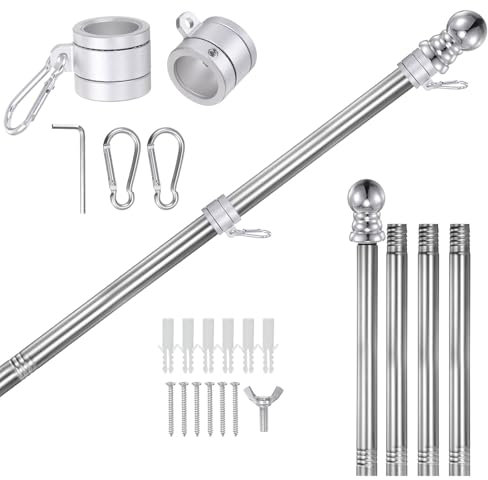 QUARKZMAN Bandera Mástil Kit, 5 Pies Inoxidable Acero Bandera Mástil Kit con 360° Antienvoltura Giratorio Anillo, Bandera Mástil Soporte para Hogar Porche Exterior Barco, RV, Camión