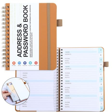 Passwortbuch mit alphabetischen Registerkarten - Adressbuch und Passworthalter für Büroorganisation, kompaktes Spiralnotizbuch, Internet-Passworthalter und Adressbuch mit Registerkarten
