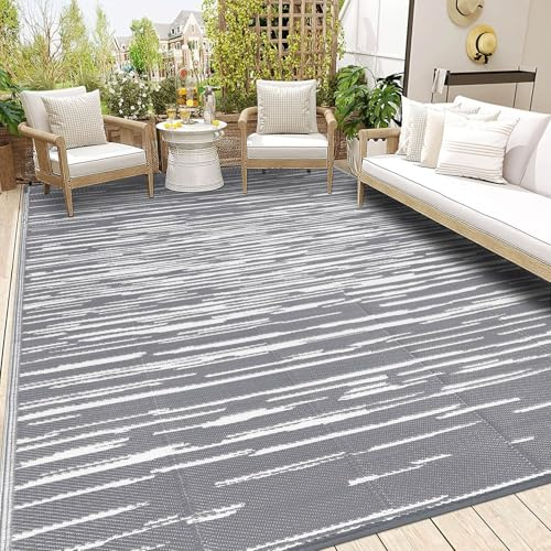 SHACOS Outdoor Teppich Wetterfest 240x300 cm Groß Gartenteppich Wasserfest Balkonteppich UV-bestandig Außenteppich Kunststoff Outdoor Teppich für Terrasse, Balkon, Garten, Picknick, Deck, Grau