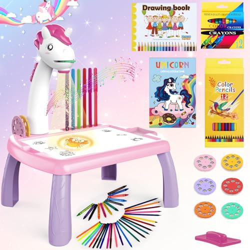 BuzzoXerex Projecteur Dessin - 48 Pièces Set avec 48 Motifs, Carnet de Croquis, Carnet d'autocollants, Crayons de Couleur pour Enfants 3-10 Ans (Rose)