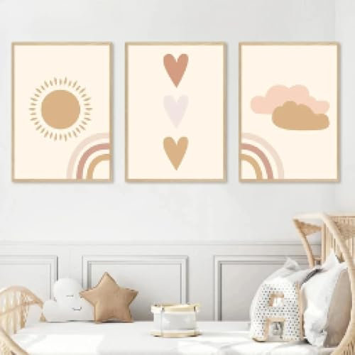 XINBAO Cartoon-Regenbogen, Sonne, Wolken, Herz, Boho-Gemälde, Kinderzimmer-Poster, Wandkunst, Kinder, Leinwanddrucke, Bilder, Kinderzimmer, Jungenzimmer, Zuhause, 60 x 90 x 3 cm, rahmenlos