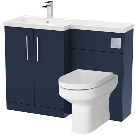 Balterley Vanity Unit with Basin, WC Unit with Toilet Pan, Seat, Cistern, Floor Standing 2 Door Soft Close Vanity, Toilet Pan with Soft Close Seat, Left Hand Bathroom Sink Storage (Midnight Blue)