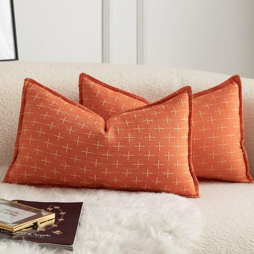 Mandioo 2er Set Kissenbezug Hanftuch Weben Textur Modern Bauernhaus Kissenbezüge Kissenhülle Dekorieren Zierkissenbezug Sie Wohnzimmer Sofa Schlafzimmer Bett 40x60cm Orange