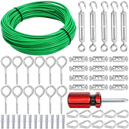 Elsjoy 100FT Cable Wire Turnbuckle Kit, 1/8 Green PVC Coated Wire Rope M5 Turnbuckle Tensioner Kit, Stainless Steel Outdoor Hanging Cable for Grape Vine, Clothes Line, Garden