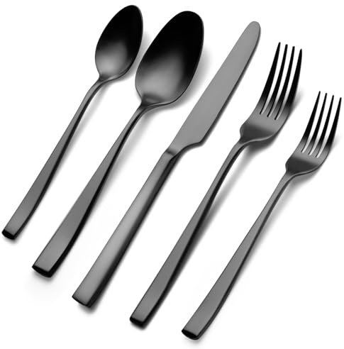 30-teiliges Besteck Schwarz Matt, EIUBUIE Edelstahl Besteck Set 6 Personen | Einzigartigem Griff, Schwarzes Besteckset, Matt Gebürstet, Tafelbesteck, Messer Gabel Löffel, Modernes Essbesteck, Balance