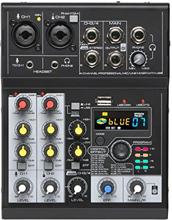 Mxxephemer Audio Mixer, DJ Controller Sound Mixer, Mixer 4 Channel Sound Table 88 DSP Effect Mixing Console with USB Record Play, Ideal for Home Party and Karaoke