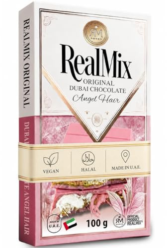 REALMIX Chocolate de Dubái Directamente Desde Dubái EAU - Auténtica Barra de Chocolate Blanco con Pistachos y Angel Hair - Exquisito Chocolate Dubai (100g, Rosa)