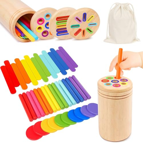 LOEPENLE 3-in-1 Montessori Spielzeug ab 1 2 3 Jahre,Holz Sortier & Stapelspielzeug,Holzspielzeug Kinder Farbe Sortierspiel 1 Jahre,Holzspielzeug Steckspiel,Babyspielzeug Sortierspiel