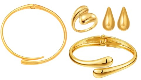 AOWVUTS Parure Gioielli Donna 14K Placcato Oro Lacrima Orecchini a Goccia Bracciale Bangle Collana e Anelli Aperto Set Chunky Metallo Choker Collane Gioielli Regolabili Regalo Anniversario (4)
