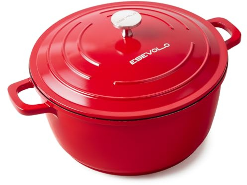 ESEVOLO Cocotte Fonte Induction 28cm Faitout Rond 6,3L en Fonte d’Aluminium avec Revêtement Céramique Antiadhésif, Marmite avec Couvercle, Idéale pour Soupe, Ragoûts, Pain, Four et Gaz, Rouge