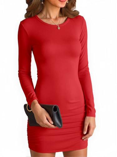 VICHYIE Abito da Donna con Scollo sul Collo, a Coste, Attillato, Maniche Lunghe, Lunghezza Media, Taglio Aderente, Lunghezza Superiore al Ginocchio