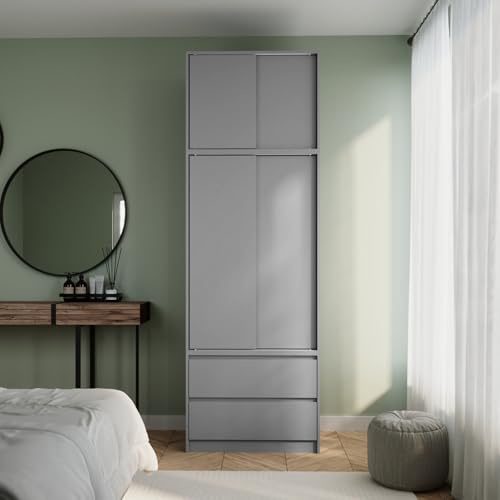 URBNLIVING 240cm Extra Tall 2 Door Sliding Wardrobe for Bedroom, Modern Freestanding Storage Cupboard with Hanging Rail, Customisable Design, Ideal for Clothes, Accessories & More
