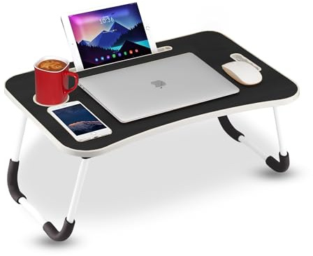 ASAB Portable Laptop Bed Desk with Adjustable Legs & Tablet Holder Foldable & Non-Slip Compact Laptop Stand for Bed Couch Sofa Ideal for Reading Writing Breakfast Table Laptop Tray Cup Holder (Black)