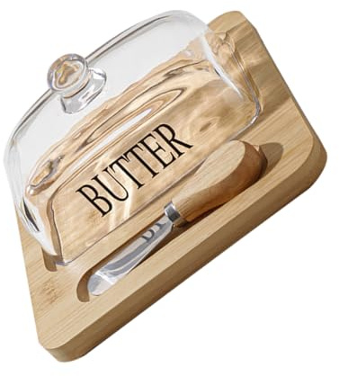 Cabilock Mantequera de Madera con Tapa de Vidrio y Cortador de Metal Recipiente Cuadrado para Organizador de Cocina Elegante y Práctico