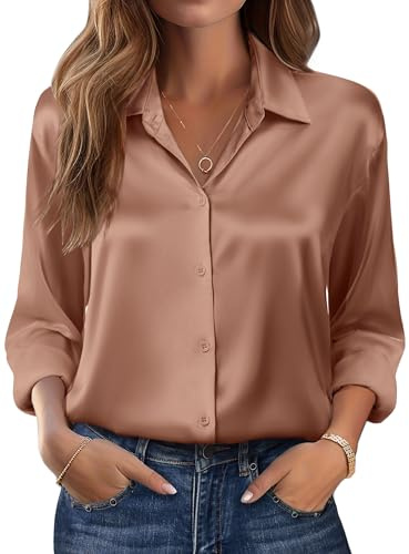 Zeagoo Satin Blouses for Women Long Sleeve Fall Spring Top Silk Button Down Shirts Business Work Clothes Light Coffee