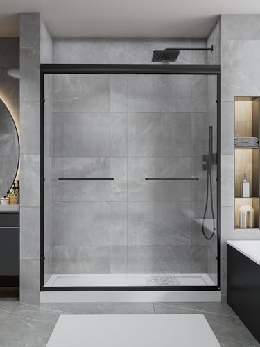 Glass Shower Doors, 56 - 60 W x 72 H Double Sliding Shower Door, Aluminum Semi-Frameless & 1/4(6mm) Clear Tempered Glass Bypass Shower Door for Walk in Shower, Matte Black