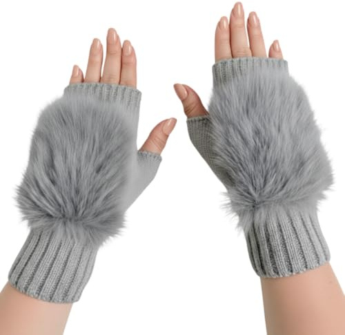 Fabchik Handstulpen Damen, Fingerlose Handschuhe mit Keildaumen Weiche Strick Pulswärmer Armstulpen mit Kunstfell für Alltag, Büro, Outdoor (Grau)