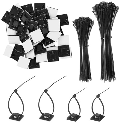 200 Pcs Black Nylon Cable Ties (120/150mm) + 100 Pcs Self-Adhesive Zip Tie Mounts, Small Cable Clips with Sticky Pads, Wire Tie Base Holders for Home, Office, Workshop, DIY, Garden