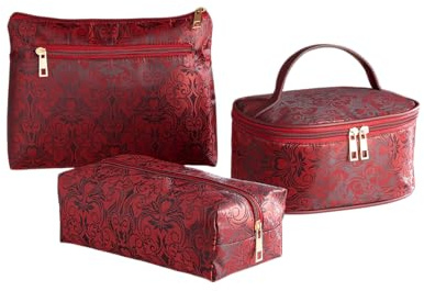 3 PAGEN 3 stycken sminkväska för kvinnor – necessär för kvinnor med röd dragkedja – bärbar sminkväska, makeupväska, set om 3, necessär för vardagen och resor – i elegant satinutseende