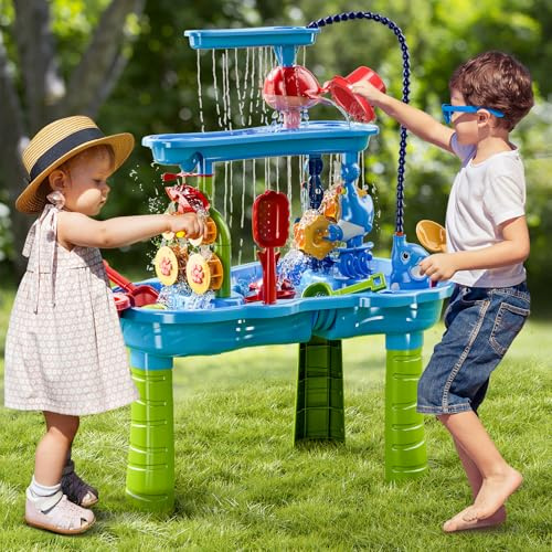 BLmukce 3-stufiger Sand- und Wassertisch mit pumpendem Elefant, Outdoor Sensorik Spielset für Kinder, Sommer Strandspielzeug für Kleinkinder 2-3 4-8 Jahre, Wassertisch mit Zubehör für Jungen Mädchen