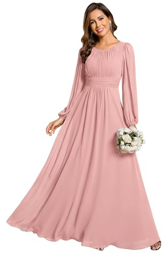 Ever-Pretty Women's Bright Round Neck Long Sleeve Chiffon Floor Length Evening Dresses ES0106B | Crewneck, Floor Length, A-Line, Smocked Waist, Mother of the Bride Dresses, Bridesmaid Dress, Evening Gown