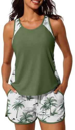 Yutdeng Tankini Maillot de Bain Femme 2 Pieces Shorty Taille Haute Tankini Femme Ventre Plat Maillots de Bain Deux Pièces Push Up Rembourré Maillots Deux Pièces Imprimé Swimwear Sport à Cordon Poches