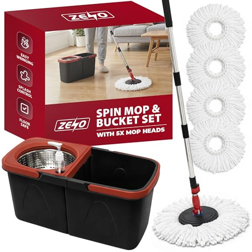 ZENO 360 Spin Mop and Bucket Set | Microfibre Floor Mop with 5 Replacement Heads | Stainless Steel Spin Wringer & Built-In Soap Dispenser | Adjustable Steel Handle 115-138cm (Black & Red)