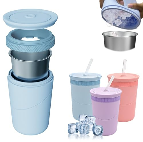 Botella con Cubitos de Hielo, Vaso Acero Inoxidable,Pajita 2 en 1,Azul | Doble Pared Aislante, Sin BPA, Reutilizable, Ideal para Slush, Camping y Oficina