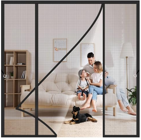 Wide Magnetic Door Screen 205x205cm Wide French Door Anti-Tearing Fly Self Sealing Heavy Duty Hands Free for Patio Doors & Balcony Living Spaces Black