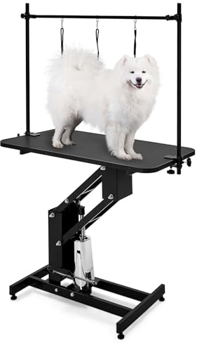 Tavolo da toelettatura idraulico per cani, tavolo da toelettatura con telaio in acciaio nero robusto e vassoio antiscivolo, tavolo idraulico con braccio/anello nero, capacità di carico 181 kg, 116.5