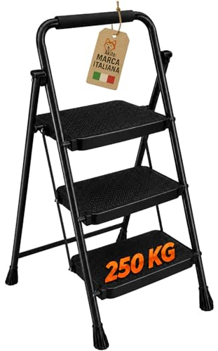 AkitaInk Scala Pieghevole in Acciaio 3 Gradini Nero | Scaletta Pieghevole, Piedini Antiscivolo, Impugnatura in Spugna, Certificata EN14183