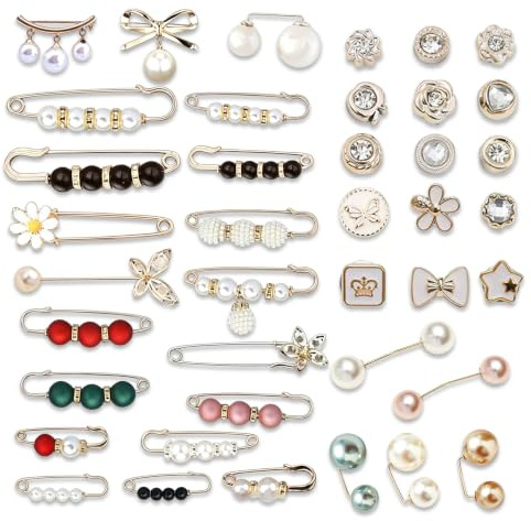 Piacolnic 40 Stück Brosche Damen Set mit Kunstperlen, Broschen für Kleidung in Weiß und Gold, Perlen Broschen mit Strassoptik, Schleppennadel für Brautkleid und Hosenknopf zum Enger Machen