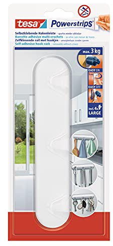 tesa Powerstrips Hakenleiste, weiß - selbstklebender 3er-Haken für Küche und Bad, Kunststoff - Haken-Leiste für Handtücher sowie Bad- und Küchenutensilien - belastbar bis 3 kg