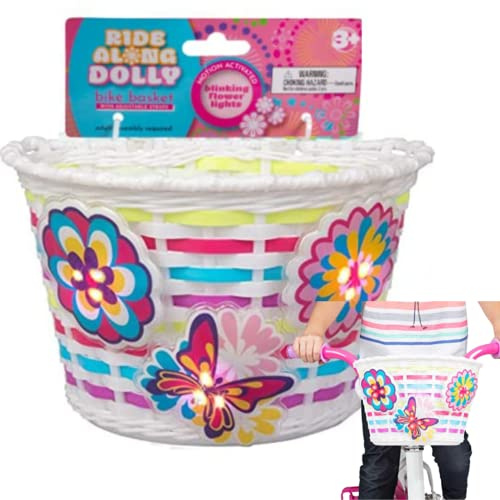 Girls Bike Basket w Light Up Safety Flowers- Easy To Attach, Fits Most Bikes, Durable Kid's Bicycle Accessories w 3 Motion Activated Blinking Flowers & Butterfly Decor- Carry Your Snacks, Dolls, Bears