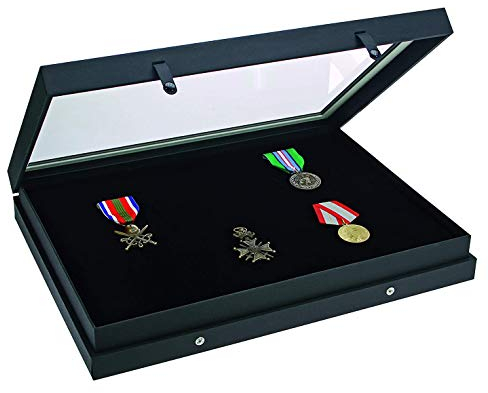 SAFE 5678 Sammel Vitrine Black Edition mit Echtglasabdeckung | mattschwarzen Leinenstruktur-Oberfläche | Setzkasten für Schmuck, Edelsteine, Mineralien | 40 x 30 x 5,5 cm