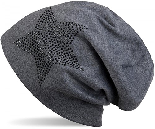 styleBREAKER Beanie Strass Stern Baumwollmix warm 59cm | Slouch Design. Glitzer Applikation. Bundweite 26cm. Höhe 26cm. elastisch. weiche Haptik. warme Qualität. Einheitsgröße.