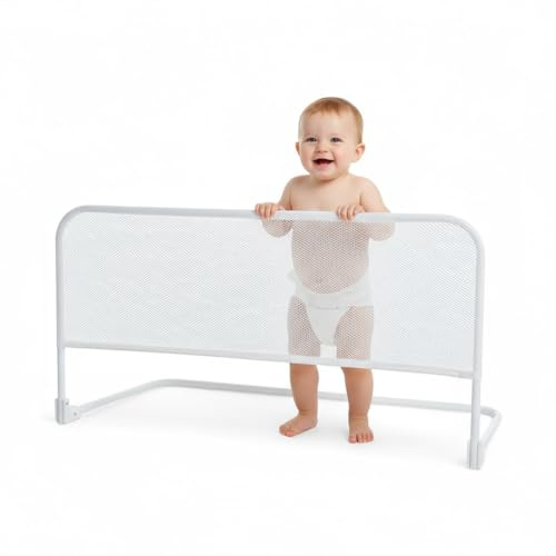 PLASTIMYR Barra Seguridad Cama Niños 90 cm Barandilla Seguridad Cama Fácil Instalación Barrera para Niños Plegable de Aluminio y Tela