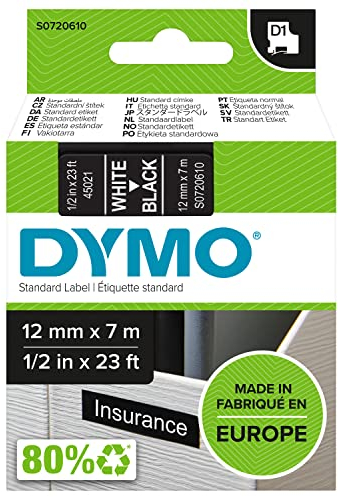 DYMO Original D1-Etikettenband | weiß auf schwarz | 12 mm x 7 m | selbstklebendes Schriftband | für LabelManager-Beschriftungsgerät
