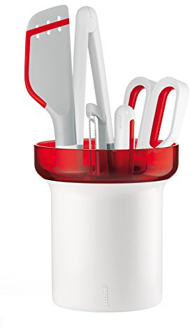Guzzini Kitchen Active Design Set 5 Utensili con Contenitore, San/PA/PA + FV/TPR/PMMA/Stainless Steel/Magnets, Rosso, 16x18x30 cm, 5 unità