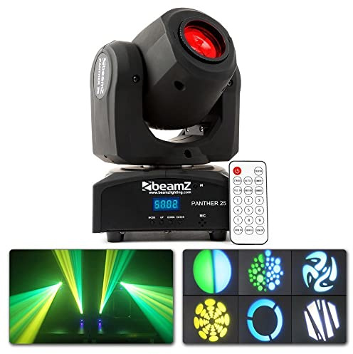 Beamz Panther 25 Lyre Spot LED - LED CREE Blanche 12W, Faisceau 12°, 5, 9 ou 11 Canaux DMX, Roue de 7x Gobos, 7 Couleurs + Blanc, Modes DMX et Auto, Fonction Maitre/Esclave, Idéal DJ, Concert
