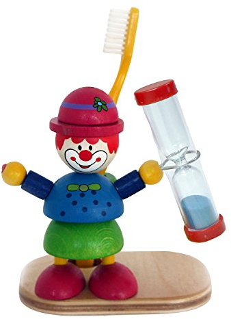 Hess Holzspielzeug 14578 - Zahnputzuhr aus Holz für Kinder, Serie Clown, inkl. Sanduhr mit farbigem Sand, handgefertigt, zur täglichen Nutzung beim Zähneputzen